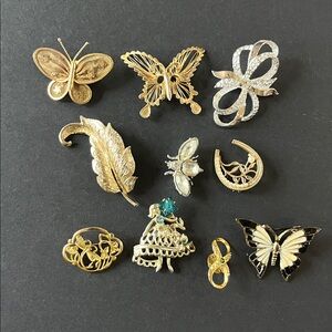 Estate 10pc Vtg Brooch/Pin Lot Silvertone Rhinestones and goldtone